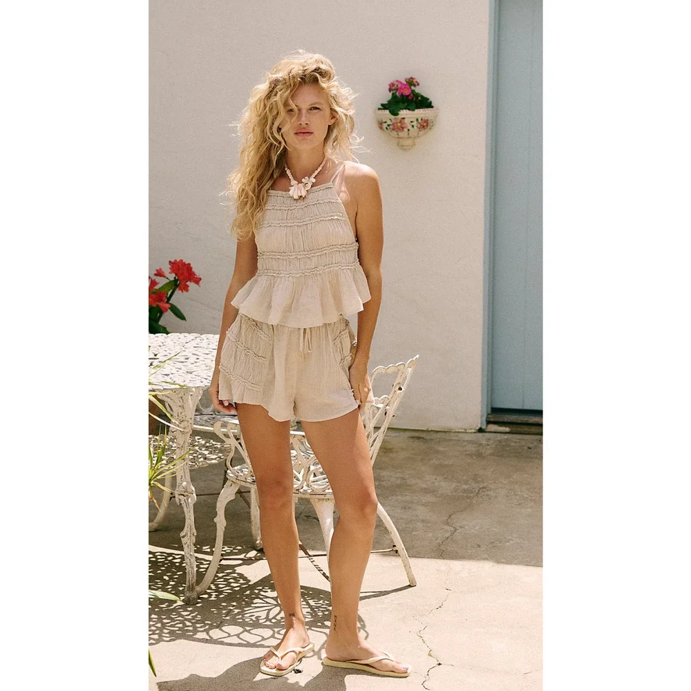 NEW FREE PEOPLE FREE-EST MORNING OAT ANGELINA RUCHED TANK TOP SHORTS SET SZ S